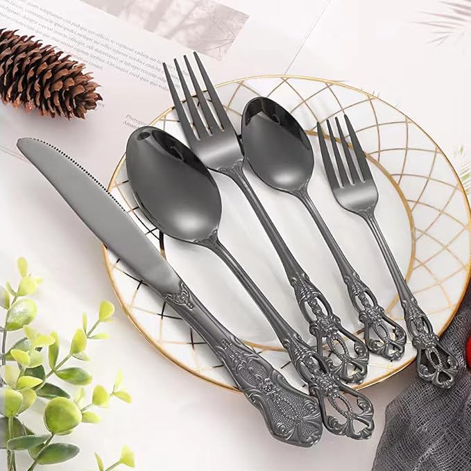 Black Silverware Set for 2, MIKIWAY 10 Pieces Stainless Steel Flatware Set, Cutlery Tableware Set, Kitchen Utensils Set Include Spoons And Forks Set, Mirror Polished, Dishwasher Safe