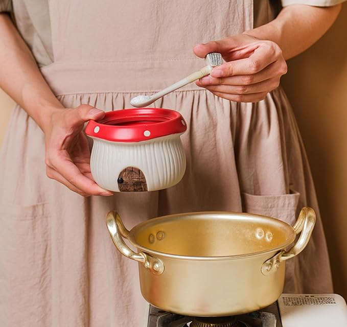 Ceramic Sugar Bowl with Lid & Spoon, Cute mushroom house design. Porcelain Seasoning Storage Jar, 14 Ounces. (Red)