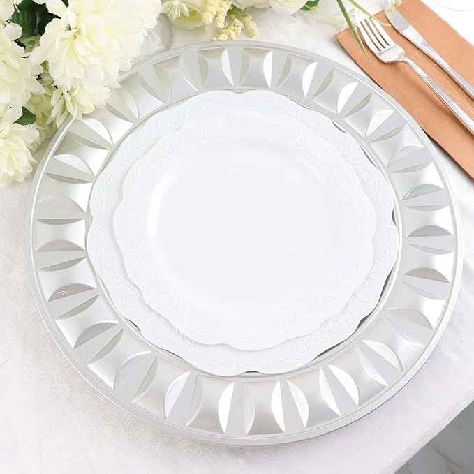 Efavormart 6 Pack | 13" Silver Round Bejeweled Rim Plastic Dinner Serving Trays, Disposable Charger Plates
