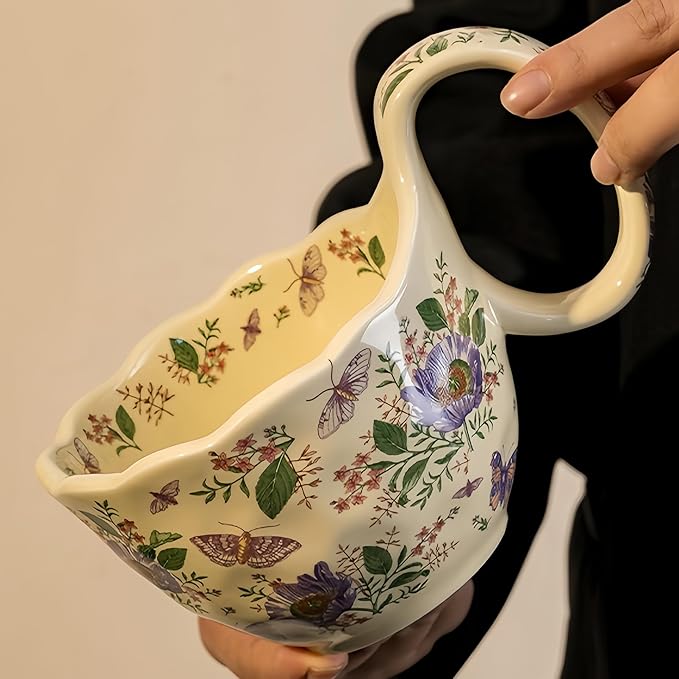 16.91oz/500ml Handpainted Soup Bowl with Handle,Ceramic Cereal Bowl Microwave & Dishwasher Safe,Loop Handle Bowl Great for Soup,Yogurt,Snack,Chip,Stew,Ice Cream,Coffee (Aster)