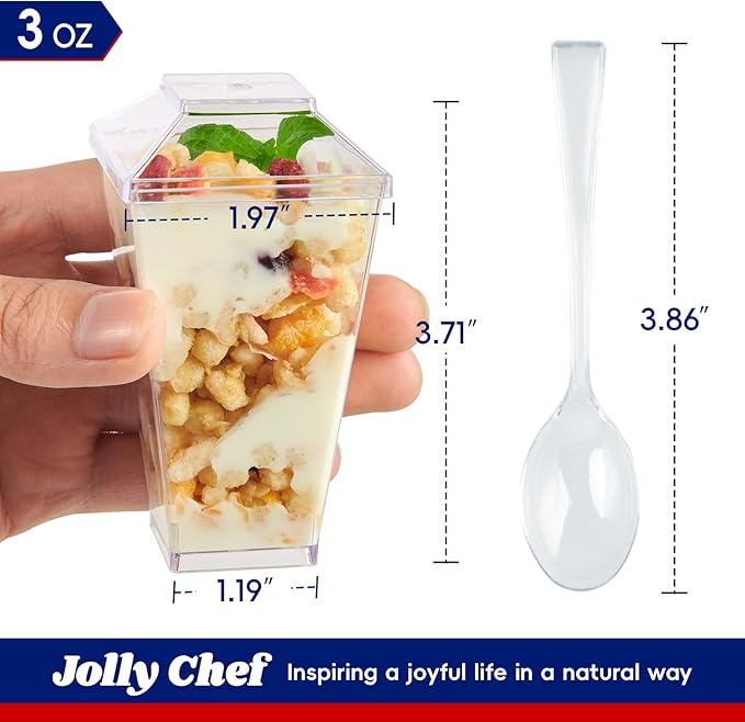 JOLLY CHEF 100 Pack 3 oz Mini Dessert Cups with Spoons and Lids, Square Tall Clear Plastic Parfait Appetizer Cup Small Serving Bowl for Party Desserts