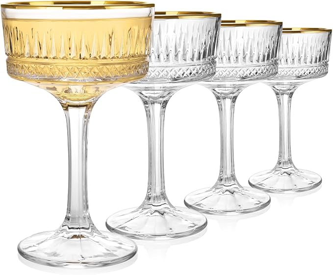 Whisquor 4Pcs Coupe Glasses, 10oz Crystal Martini Glasses with Gold Rim, Vintage Coupe Cocktail Glass, Martini Glassware for Espresso, Champagne, Cosmopolitan, Manhattan