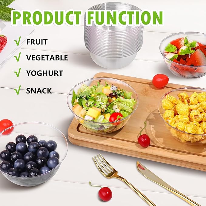 100 Pack 12 oz Clear Plastic Bowls, Disposable Salad Serving Bowls for Soup Fruit Snack Appetizer Parfait, Bulk Durable Ice Cream Dessert Bowls for Home Kitchen Wedding Catering Party Supplies