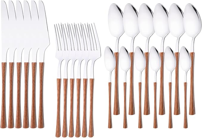 24PCS Flatware Set For 6 Stainless Steel Cutlery Set with Imitation Wood Grain Handle Kitchen Tableware With Knives Spoons And Forks Set Silver Mirror Polished Eating Utensils for Home & Camping