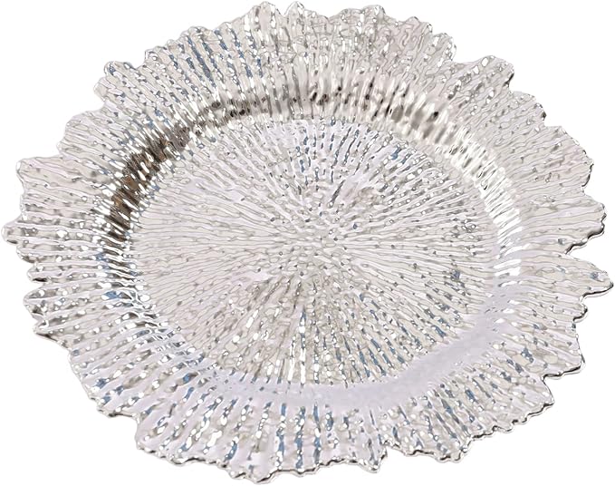 CNCEST 8in Round Charger Plates, 24 Pack Plastic Reef Plate Chargers with Flora Reef Design, Reusable Serving Plates Set for Wedding, Party, Baby Shower and Table Setting Decoration (Silver)