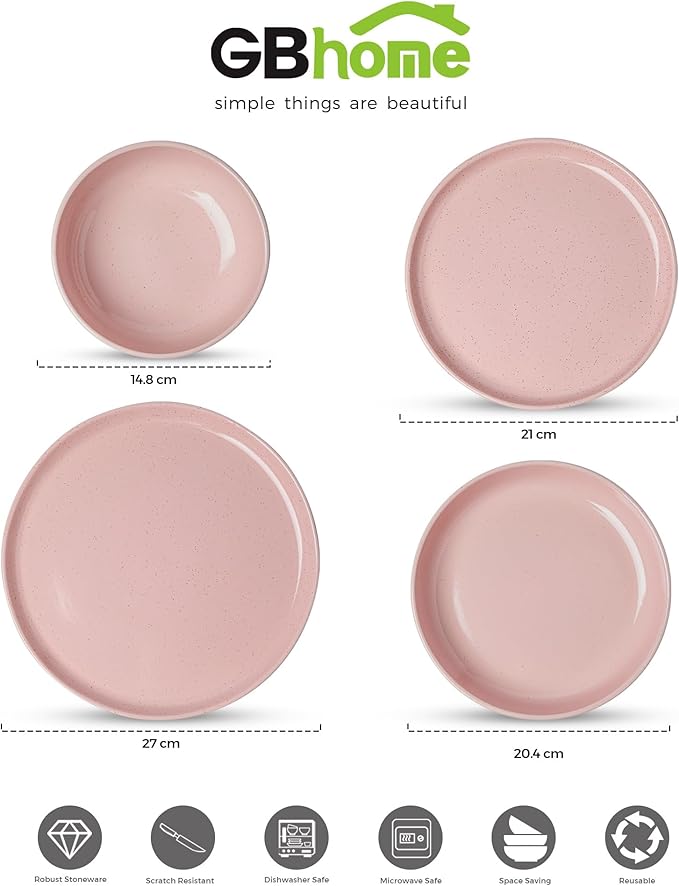 GBHOME 24-Piece Ceramic Dinnerware Set for 6, Handpainted Plates, Pasta Bowls & Bowls Set with Rustic Terracotta Underside, Scratch-Resistant, Dishwasher & Microwave Safe,Speckled Glaze Pink