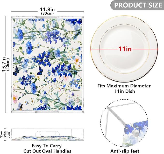 Serving Tray with Handles Clear Acrylic Tray 12x16 Inch Decorative Rectangular Tray Organizer for Ottoman Coffee Table Bathroom Dark Bluebonnet Cornflower