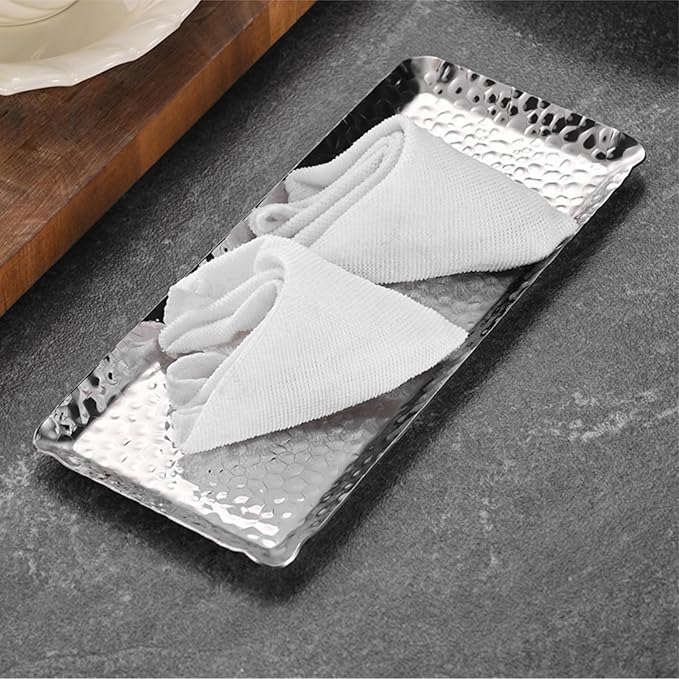 4 Pieces Hammered Silver Tray, Small Stainless Steel Appetizer Platter, 9.8 Inch Decorative Jewelry Dish Vanity Organizer for BBQ, Towel, Candle, Perfume, Cosmetic