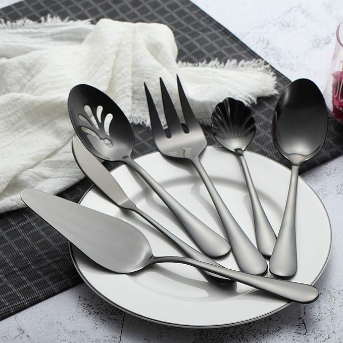 Berglander Stainless Steel Black Titanium Plated Flatware Serving Set 6 Pieces, 5 Serving Pieces of 45 Pieces Flatware With 1 Cake Server, Serving Silverware Set (Shiny Black)