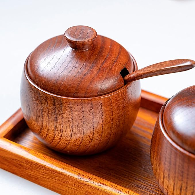 Hapivida Wood Salt Spice Box with Lid Spoon, Salt Cellar Salt Pepper Keeper Spice Bowls for Cooking Sugar Holder for Kitchen Seasoning Container Holder