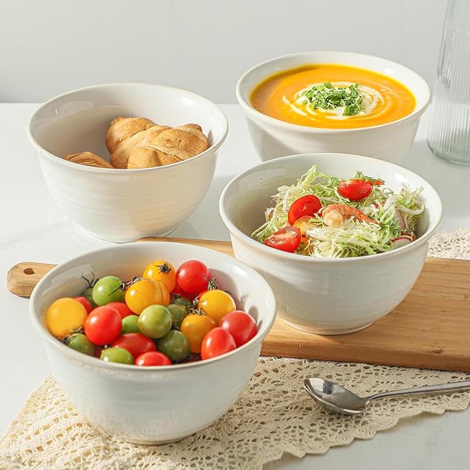 Cereal Bowls Set of 4, 40 Ounce Serving Bowls for Soup Salad Pasta Popcorn Oatmeal Breakfast, Durable Deep Ceramic Bowls, Microwave Safe & Dishwasher Safe, White