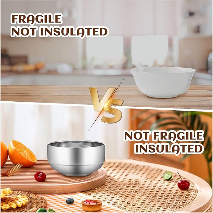 6 Pcs Stainless Steel Bowls, 4.7 inches deep x 2.4 inches high Soup Bowls Stainless Steel Cereal Bowls Double-walled Metal Serving for Rice, Ice cream, Food-grade Material Dishwasher Safe