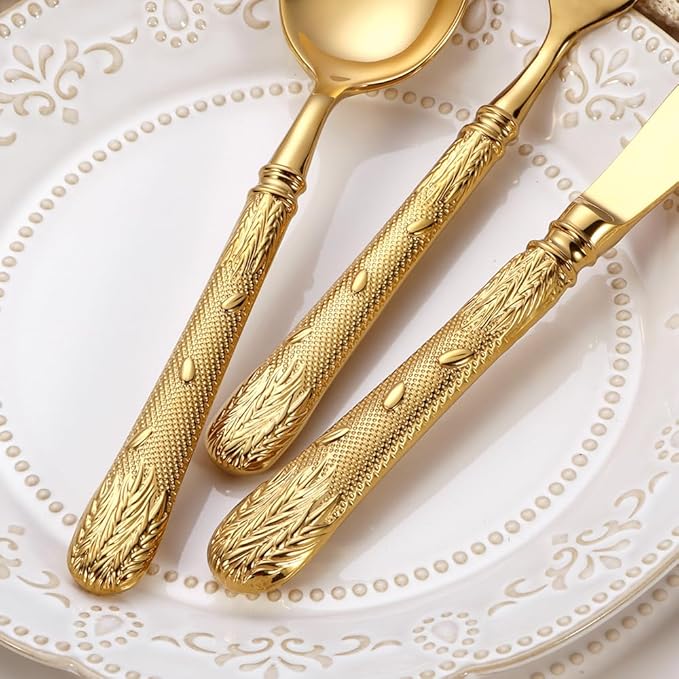 Luxury 20-Piece Wheat Ear Design Silverware Set, Premium 18/10 Stainless Steel Flatware, Serving 4. (Gold)