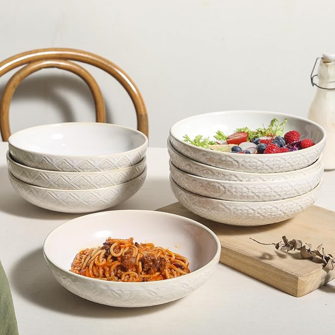 8 inch Pasta Bowls Set of 4, 22 Oz Ceramic Serving Bowls, Large Porcelain Embossed Soup Bowl, Serving Dishes for Pasta, Salad, Fruit, Oven & Dishwasher Safe, Housewarming Wedding Present