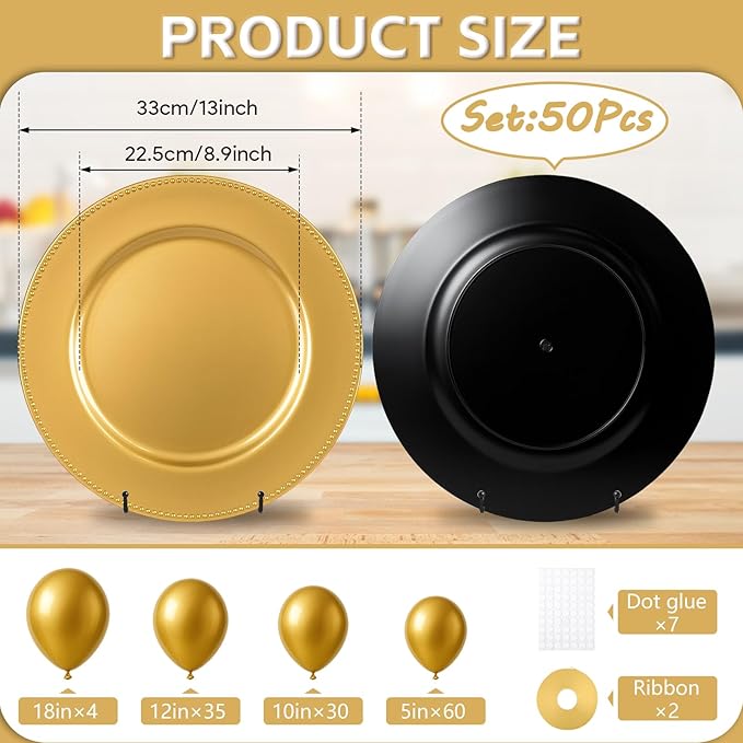 PROY 179 Pcs Charger Plates Set Bulk, 50 Pcs 13'' Gold Reef Charger Plates 129pcs Metallic Gold Balloons Different Sizes 18 12 10 5 Inch Dinner Chargers Set For Dinner Wedding Party Decoration