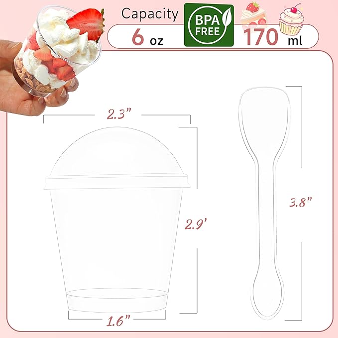OTOB 300 Pack 6 oz Dessert Cups with Lids and Spoons | Serves 100 | Round Small Yogurt Parfait Cups for Appetizers, Mini Clear Dessert Bowls Cups for Puddings Mousse Ice Cream Fruit Trifle