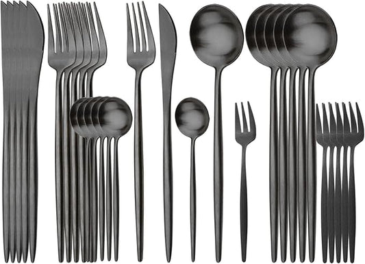 30PCS Matte Round Handle Flatware Set Service For 6, 18/10 Stainless Steel Cutlery Daily Use Tableware Include Cake Fork Teaspoon Set For Home Restaurant Party (Black)
