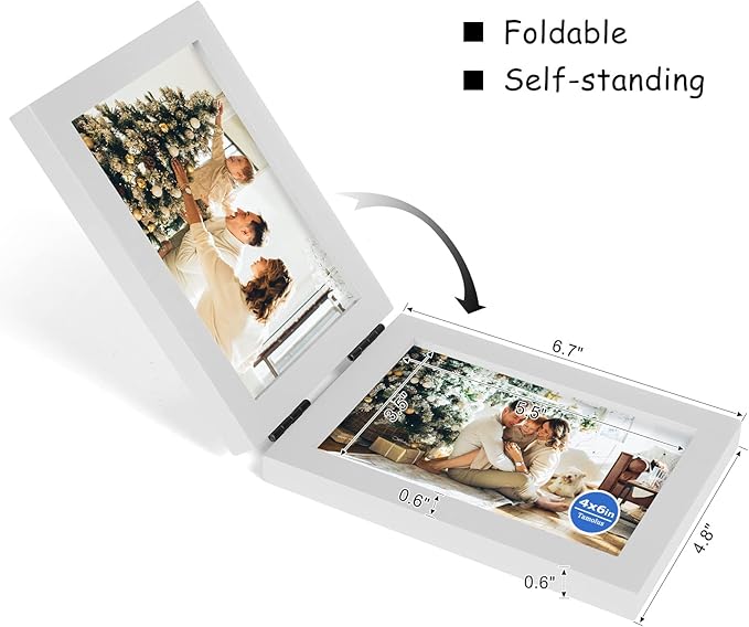 4x6 Double Horizontal Hinged Picture Frame Folding Photo Frame in White Pine Wood with Real Glass for Tabletop P-BAI-2H46