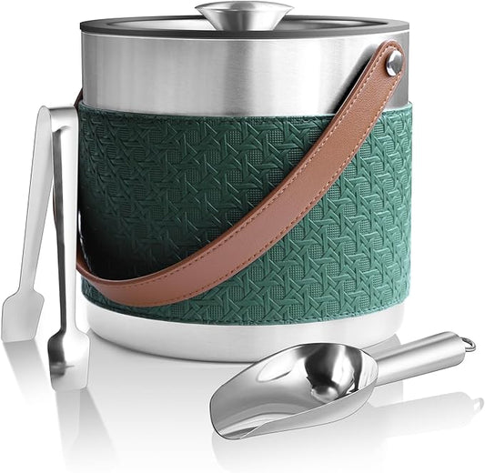 Insulated Ice Bucket with Lid, Scoop, Ice Tongs & Detachable Double-Sided PU Cover– 3L Double-Wall Stainless Steel Ice Buckets for Parties, Cocktail Ba, Champagne & Bar Cart Accessories