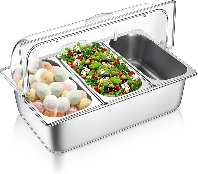 Countertop Food Serving Display Container and Clear Roll Top Cover Stainless Steel Food Serving Tray Buffet Condiment Dispenser Display Rack for Restaurant Hotel Kitchen Party (21 x 13 x 13'')