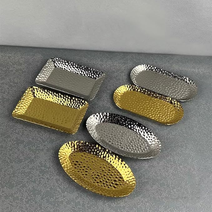 Mini Serving Platter Stainless Steel Serving Tray Hammered Ship Shaped 7.1 x 4 Inch Small Dessert Plates Coffee Table Tray Decorative Plates for Kitchen Party Gold