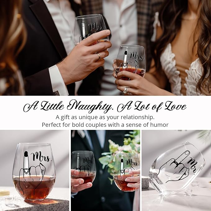 Funny Engagement Gift for Couples – Ring Finger Wine Glasses Set – Cool Bridal Shower/Wedding/Bachelorette Gift for Bride and Groom, Newlyweds, Bridal Shower, Just Married,Mr and Mrs