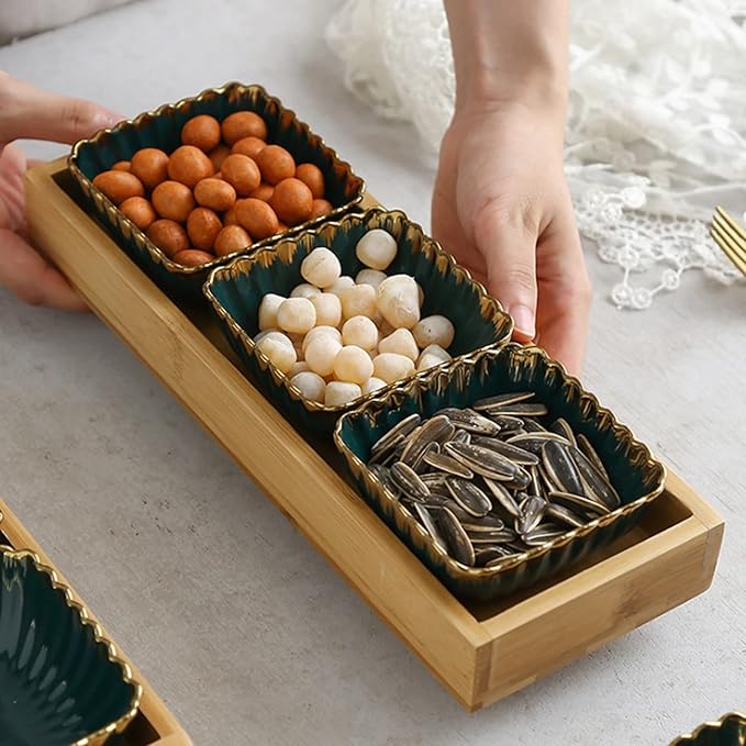 Dipping Sauce Dish Dipping Bowl Appetizer Plates Multi Grid Sauce Dish Green Gold Rim Snack Storage Tray Ceramic Dish Wooden Dessert Tray Candy Fruit Platter Tea Plate Home Dipping Sauce Bowls/Dishes