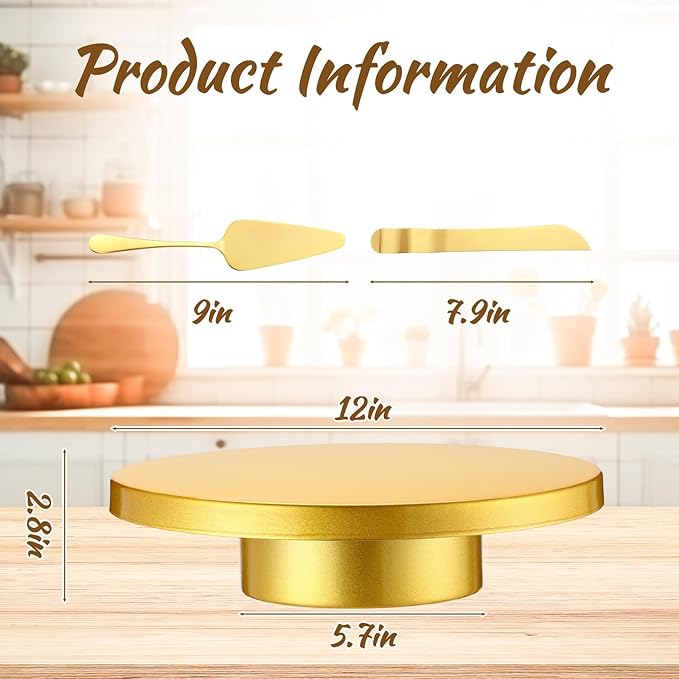 Wenqik Metal Gold Cake Stand with Cake Knife and Spatula, Round Dessert Table Display Stand Metal Dessert Tray Serving Platter for Party, Wedding, Birthday, Baby Shower, Anniversary (12 Inch)
