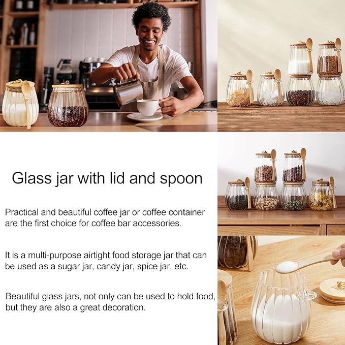 CNWSGEM Sugar Bowls Sugar Container 25.36 FL OZ Glass Coffee Canister Airtight Food Storage Jar with Lid and Spoon Candy Jar Coffee Bar Accessories Storage Beans Powder (Oval (2 Packs))