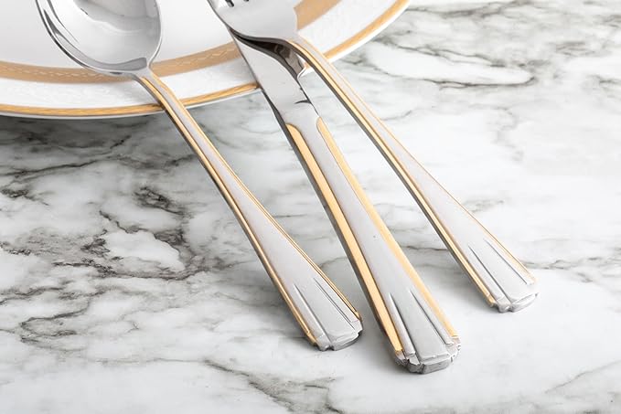 60 Piece Flatware with Hostess Set - Service for 12-8/10 Stainless Steel Silverware - Gorgeous Gold Trim Handles - Serving Utensils - Home Essentials - Dishwasher Safe (65 Piece, Verona)