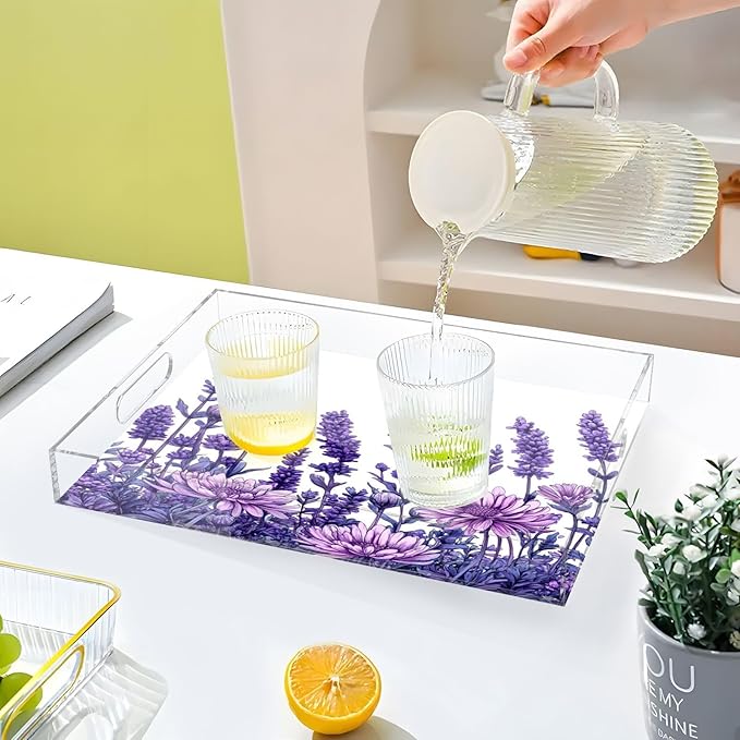 Serving Tray with Handles Clear Acrylic Tray 12x16 Inch Decorative Rectangular Tray Organizer for Ottoman Coffee Table Bathroom Purple Chrysanthemum and Lavender