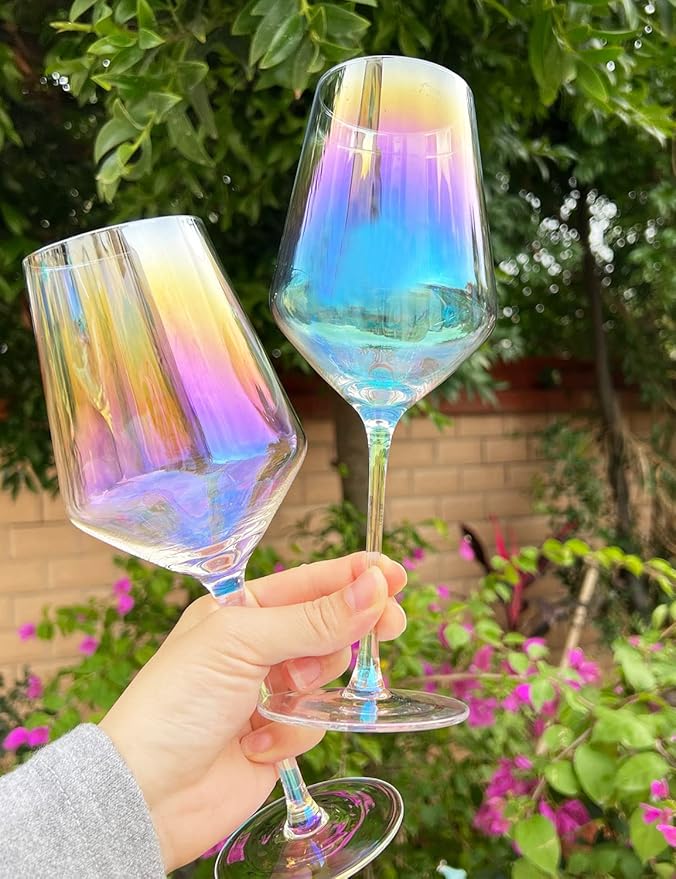 Iridescent Wine Glasses Set of 4-15oz Wine Glass, Hand Blown Crystal Red Wine or White Wine Glass, Gifts for Women, Men, Wedding, Anniversary, Christmas, Birthday, Gift Packaging