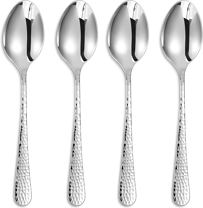 KEAWELL Premium Louise Hammered Serving Spoon Set, 18/10 Stainless Steel, 9" Fine Hostess Utensils with Round Edge, Dishwasher Safe (Set of 4)