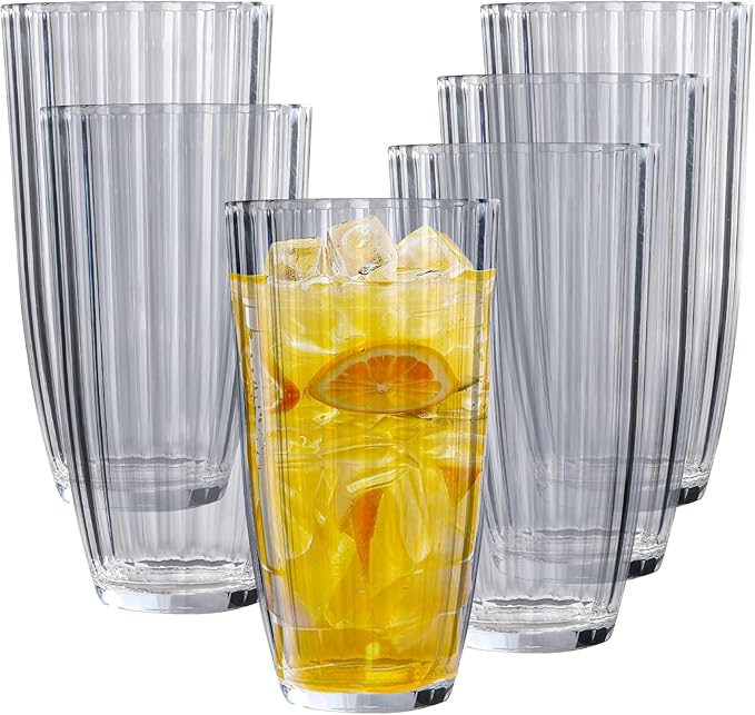 AKMQYM Acrylic Clear Highball Plastic Cups | Plastic Reusable Tumblers 20oz (Set of 6) | Stackable | BPA-free Tumblers | Shatterproof | Top-rack Dishwasher Safe