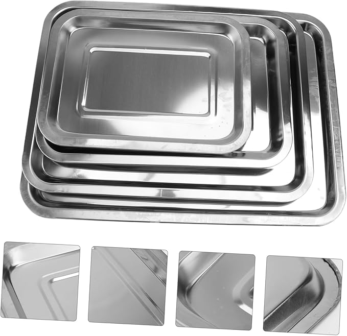 4pcs Stainless Steel Serving Tray Silver Food Plate Snack Plate Decorative Trays for Home Restaurant Clean Fruit Bread Cake