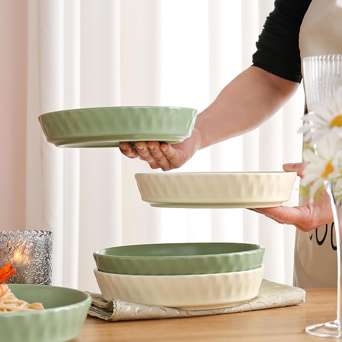 Dinner Plates Set of 4, 8 Inch Ceramic Salad Plates With High Rim for Pasta, Salad, Steak and Main Course, Microwave, Oven and Dishwasher Safe - Apricot