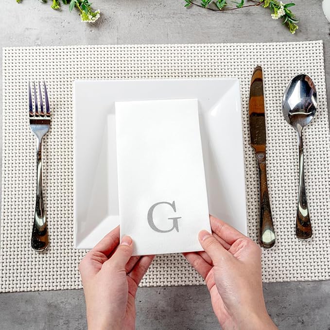 Luxenap 15.8 X 7.9 Inch Linen-Feel Guest Towels, 2000 Lettered Hand Towels - Silver Letter 'G', Sans Serif Font, White Paper Dinner Napkins, airlaid, For Restrooms And Tables - Restaurantware
