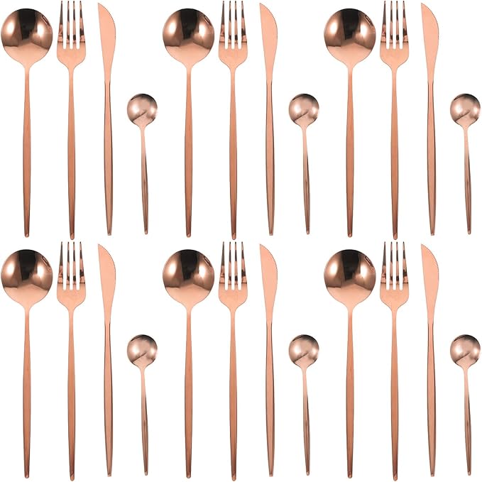 Zerodeko 24pcs Stainless Steel Flatware Set Rose Gold Plated Steak Fork Spoon Cutter Tea Spoon Black Box Serving Utensil Set for Parties and Western Dinnerware