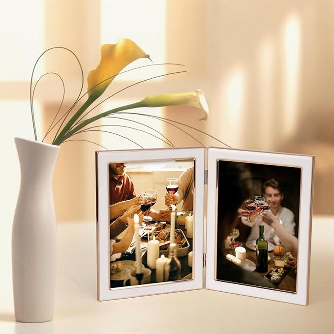 Giftgarden 5x7 Double Picture Frame White with Tempered Glass Display 5 by 7 Photo, Metal Hinged Folding Frame for Tabletop or Wall
