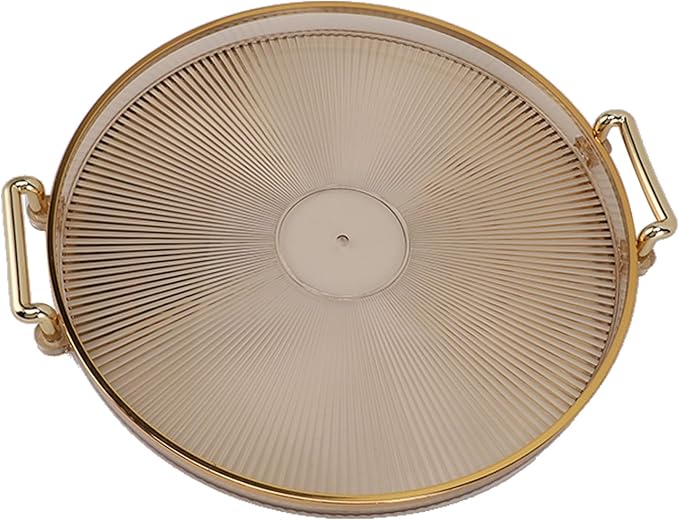 Dioche Elegant Round Serving Tray with Gold Handle and Golden - Multifunctional Display Tray for Fruits, Desserts, Snacks, and Decor (Amber)