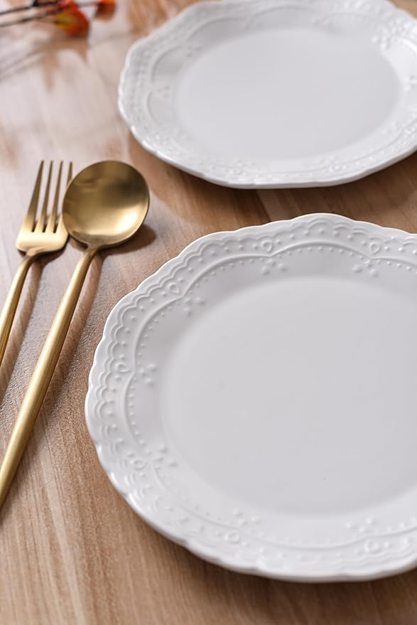 Ceramic Dishes Set of 6,White Porcelain Dinner Plates,Heat Resistant,Scratch Resistant,Highly Glossy Glaze,Embossed,Dishwasher Safe,Microwave Safe,Oven Safe,8 Inch