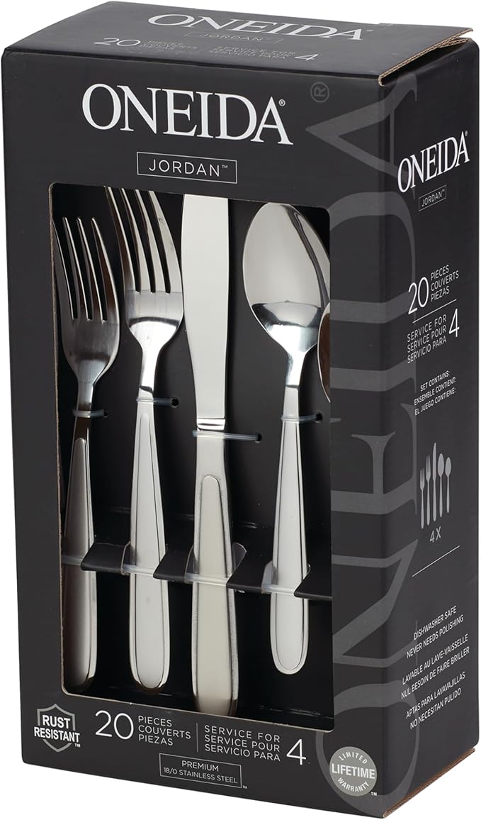 Oneida Jordan 20 Piece Everyday, Service for 4 Flatware, 10.4 inches, Silverware Set