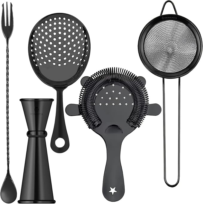 Homestia Cocktail Strainer Set – Bar tools Stainless Steel Includes Hawthorne Strainer, Julep & Fine Mesh Cocktail Strainers, Mixing Spoon – Drink Shaker Strainer for Bartending (5 Pieces, Black)
