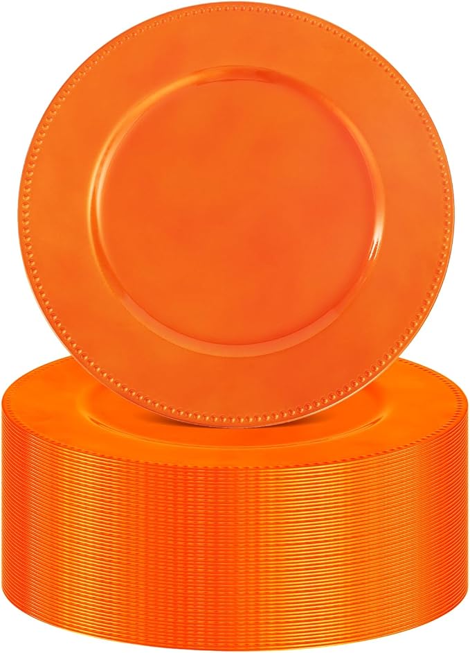 50 Pcs Orange Charger Plates Round Charger Plates13 Inch Bulk Wedding Dinner Elegant Reusable Plastic Chargers Plates Wedding Holiday Party Baby Shower Event Decoration (Orange)