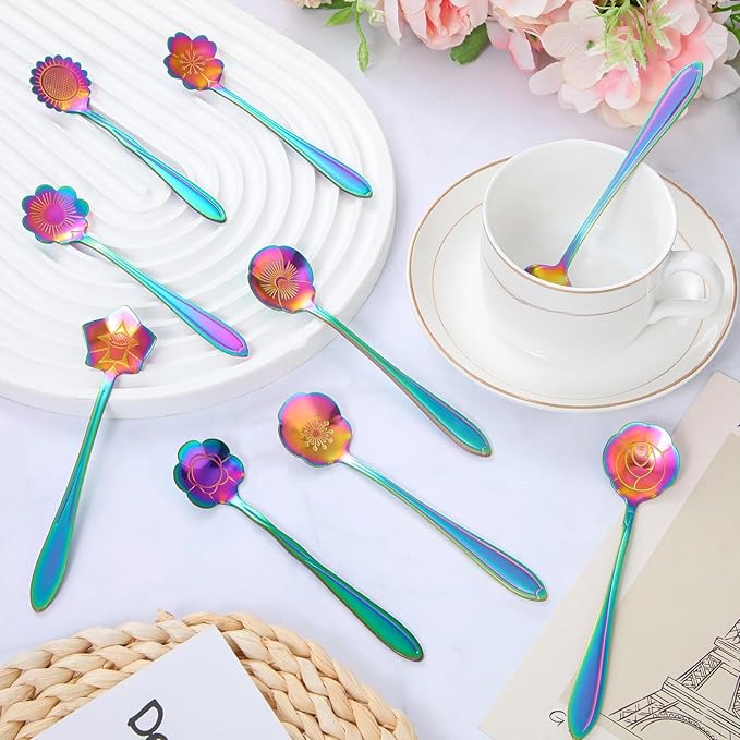 Eboot 40 Pcs Rainbow Flower Teaspoon Stainless Steel Tea Party Spoons Mini Cute Teaspoon Stirring Coffee Sugar Drink Demitasse Espresso Spoons for Bridal Baby Shower Wedding Party Favors Decorations