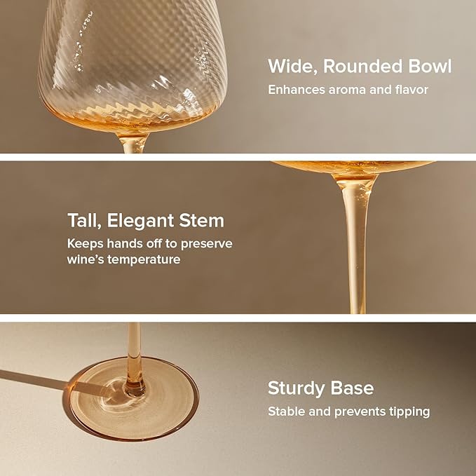 mopio Zest Fluted Wine Glasses Set of 4, 20.5 oz, Dishwasher Safe, Elegant Barware for Wedding, Party and Brunch, Colorful Drinkware Gifts in Eco-Friendly Packaging, Soda-Lime Glass (Peach)