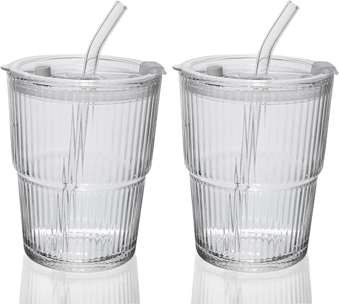 QWEZXO 13OZ/400ML Ice Coffee Glass Tumbler, Thick Wall Water Glass Cup Mug Tea with Straw and Lid Sealed Carry On （Clear） 2Pack
