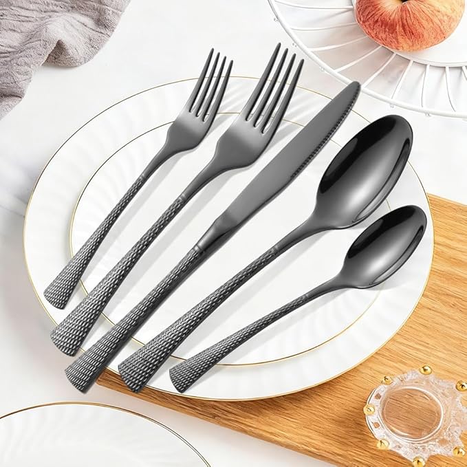 Hammered Black Silverware Set,20 Piece Modern Flatware Set Service for 4,Mirror Polished Stainless Steel Cutlery Set Utensil Set Tableware Set,Kitchen Knives Forks Spoons Set,Dishwasher Safe ﻿