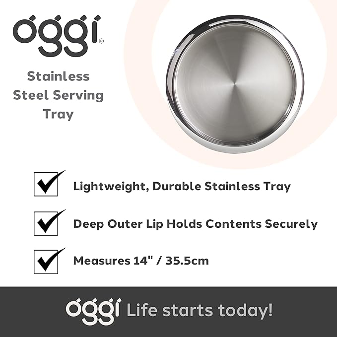 OGGI Round Tray Steel 14" - Ideal Coffee Table, Decorative Tray, Tea and Bar Serving Tray Stainless Steel