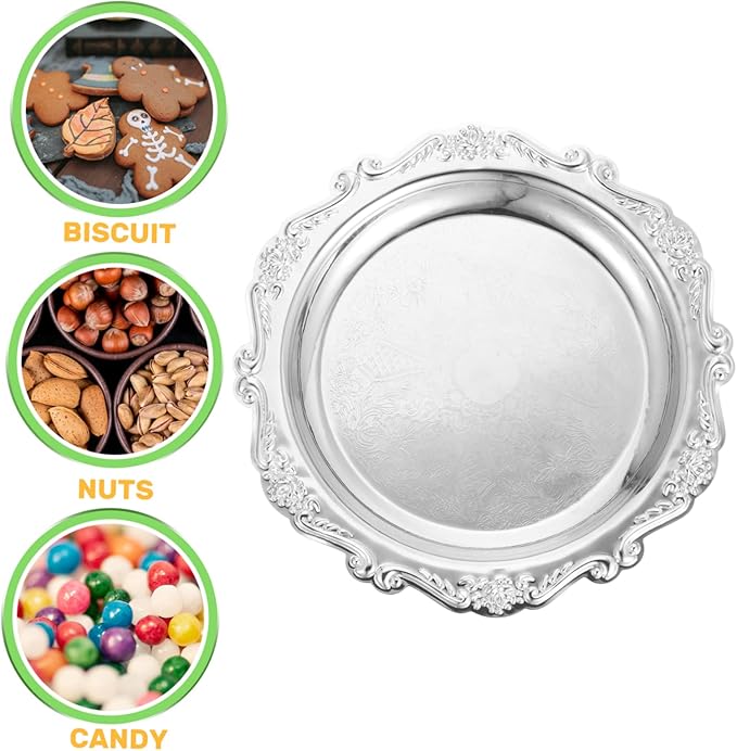 PRETYZOOM European Style Decorative Snack Plate Silver Embossed Candy Dish Vintage Cake Serving Tray for Weddings Parties Restaurants and Home Decor